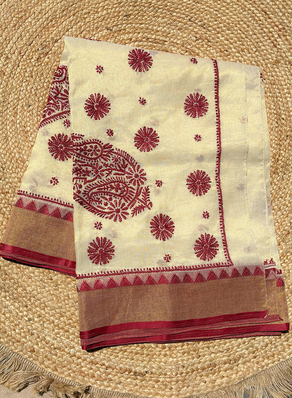 Maroon Dhoop Chaav - Aks Super Net Chikankari Saree