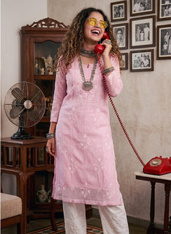 Suhani Baby Pink - Anjuman Mul Chanderi Chikankari Kurta