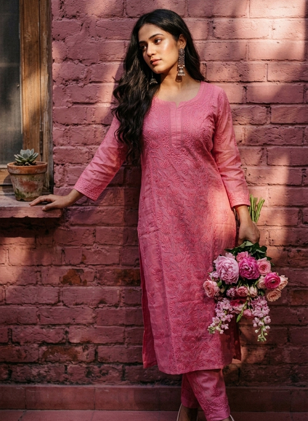 Saroj Dark Pink - Muslin Nargis Chikankari Set
