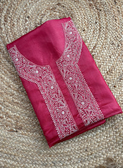 Cherry Red Unisex - Dhoop Kinaray Pure Tussar Silk Chikankari Kurta Fabric
