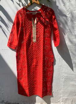 Red Gota Patti - Firdaus Chanderi Chikankari  Kurta