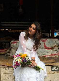 Esha White - Bahaar Georgette Chikankari A-line Kurta
