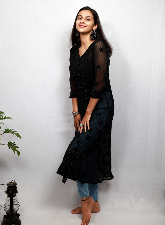 Black Mukaish - Anjuman Georgette  Chikankari Angarakha