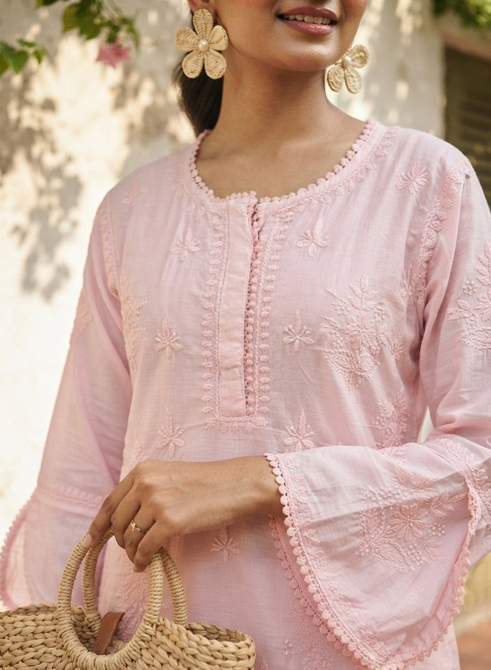 Rida Baby Pink - Muslin Nargis Chikankari Co-ord Set With Lace