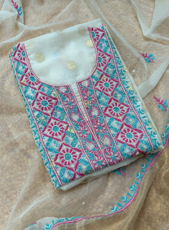 White, Pink & Blue - Nayaab Mul Chanderi Chikankari Dress Material With Moti & Katdana Work