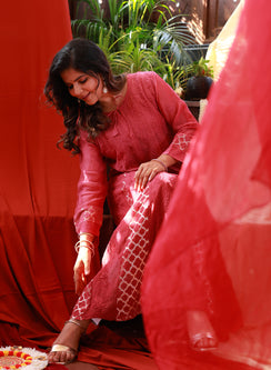 Plum - Anjuman Mul Chanderi Brocade Chikankari Kurta With Slip