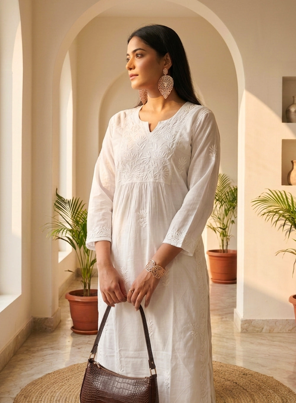 Saroj Lite – White Mul Cotton Chikankari Kurta & Palazzo Set