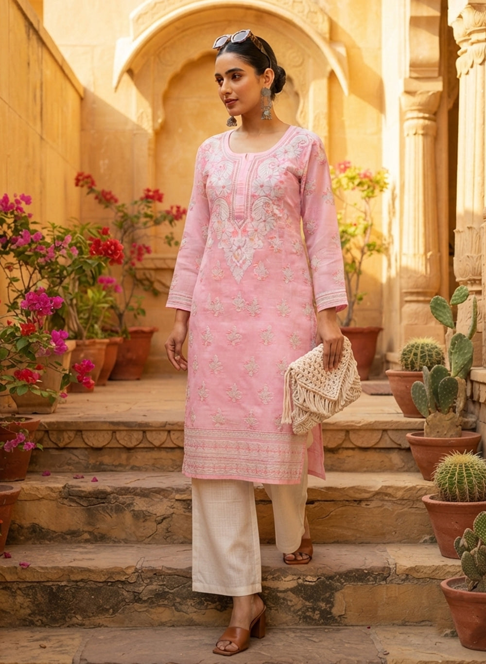 Pink With Green Thread Work - Bahaar Cotton Terry Voile Chikankari Kurta With Slip