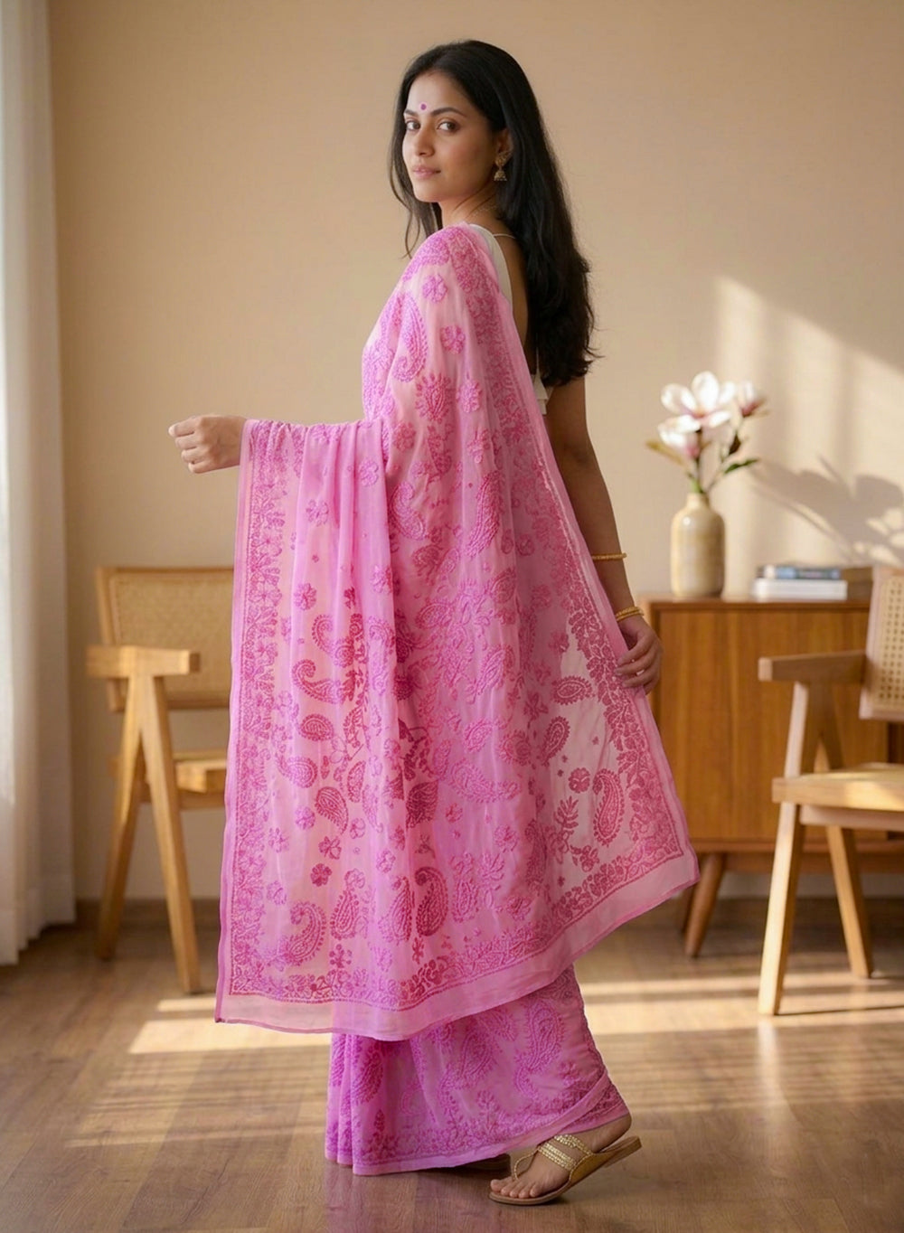 Pink Self Thread - Aks Georgette Chikankari Saree