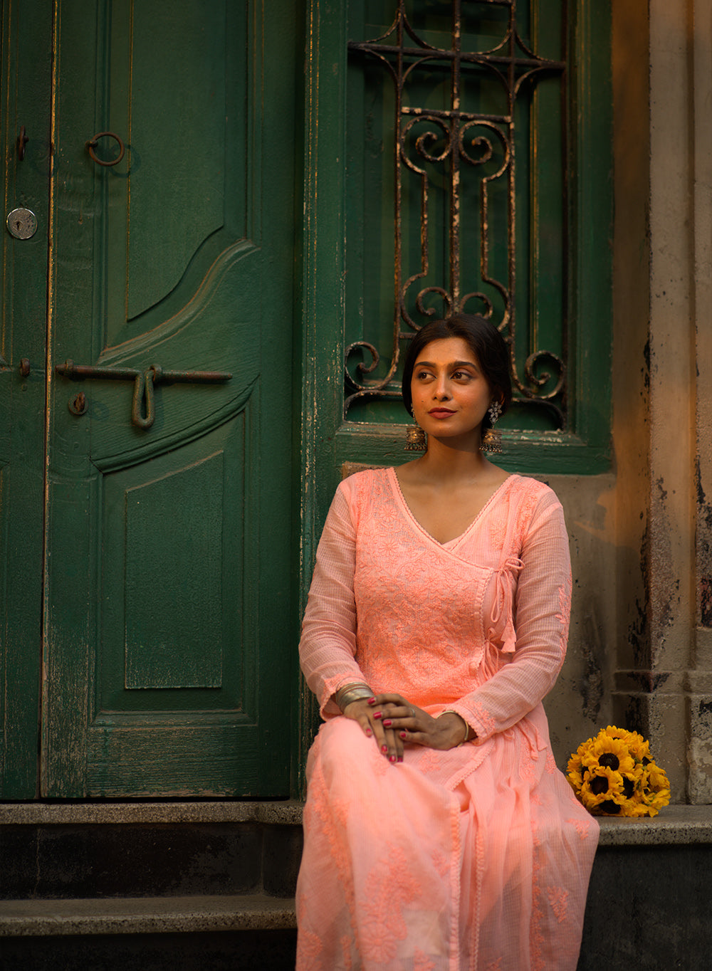 Sama Peach - Hand-Embroidered Chikankari Kota Doria Angarakha