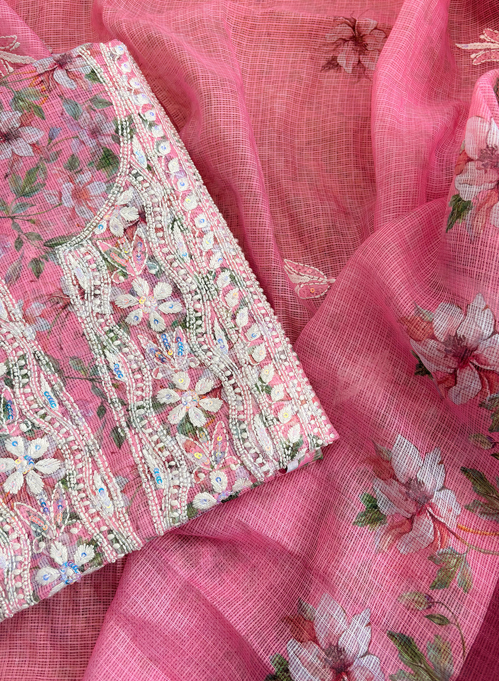 Pink - Nayaab Katdana Kota Printed Chikankari Full Dress Set