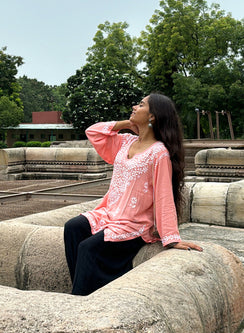 Sabaa Peach - Rayon Gulshan Chikankari Chikankari Short Top
