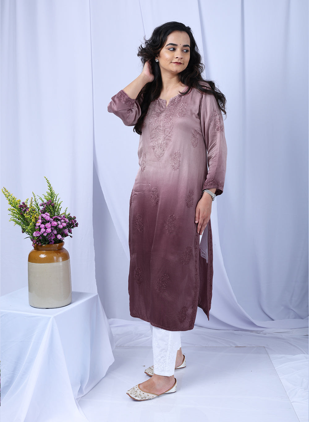 Meera Mauve - Bahaar Satin Chikankari Ombre Kurta