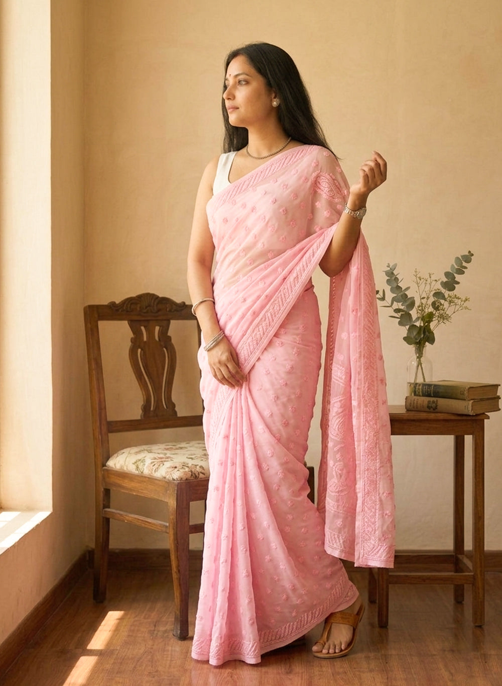 Baby Pink Self Thread - Aks Georgette Chikankari Saree
