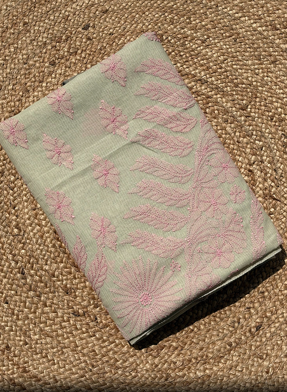 Sage Green With Pink Cotton Chanderi - Aks Hand Embroidered Chikankari Saree