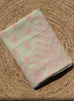 Sage Green With Pink Cotton Chanderi - Aks Hand Embroidered Chikankari Saree