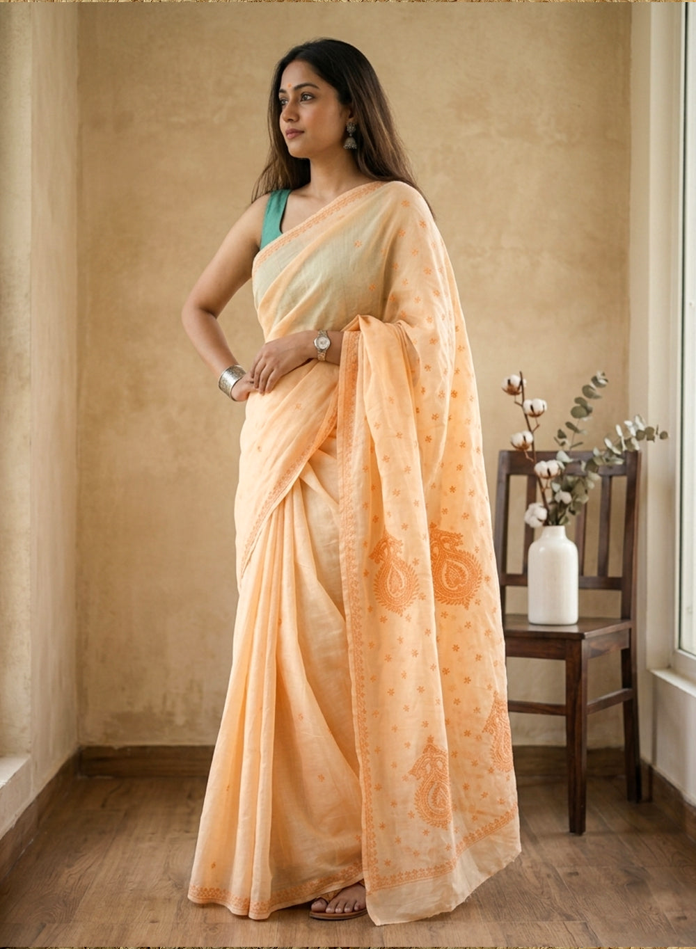 Orange - Aks Cotton Terry Voile Self Thread Embroidered Chikankari Saree