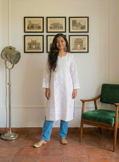White -  Bahaar Cotton Terry Voile Chikankari Kurta With Criss Cross Work