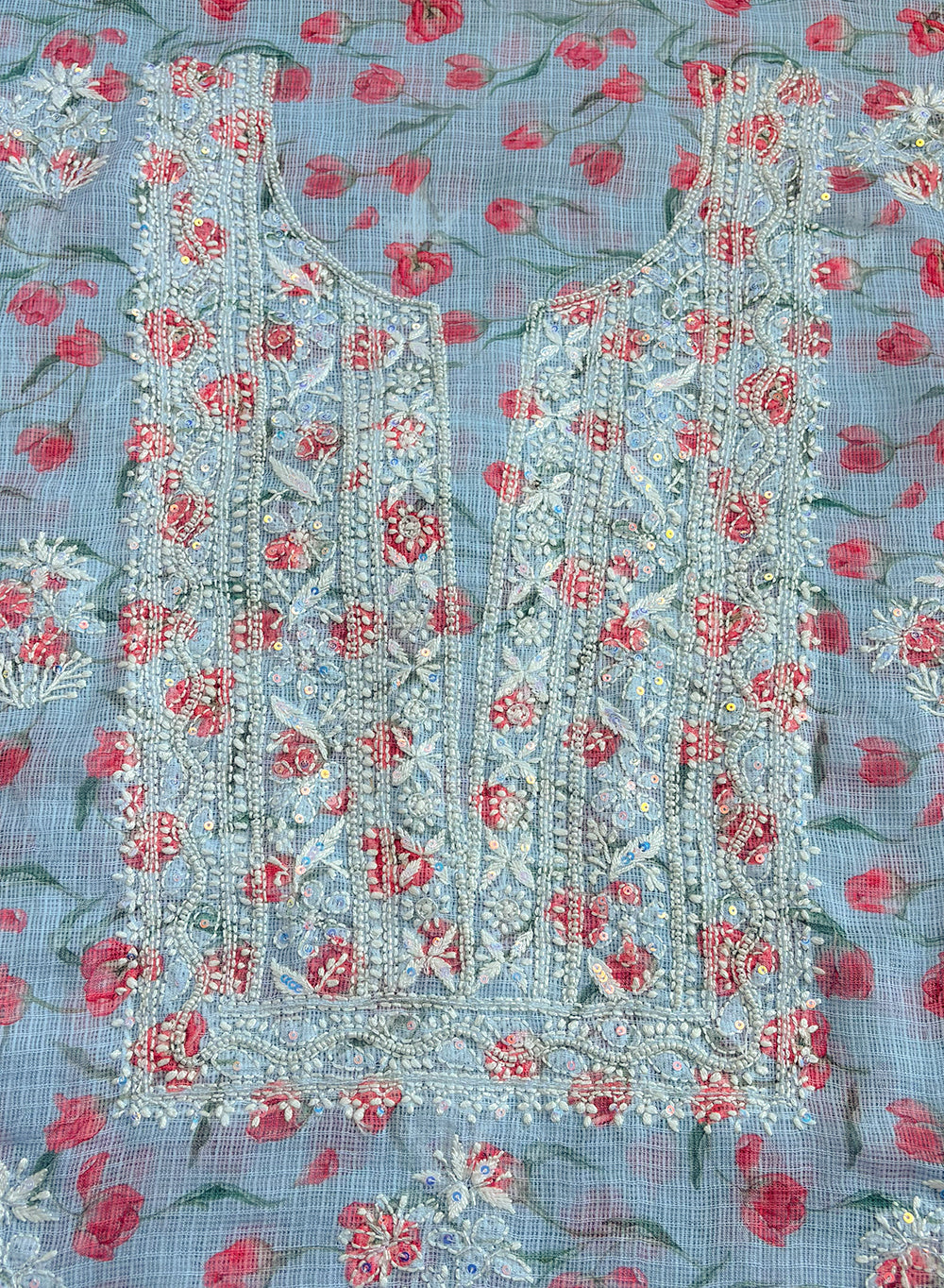 Aqua Blue - Nayaab Katdana Kota Printed Chikankari Full Dress Set