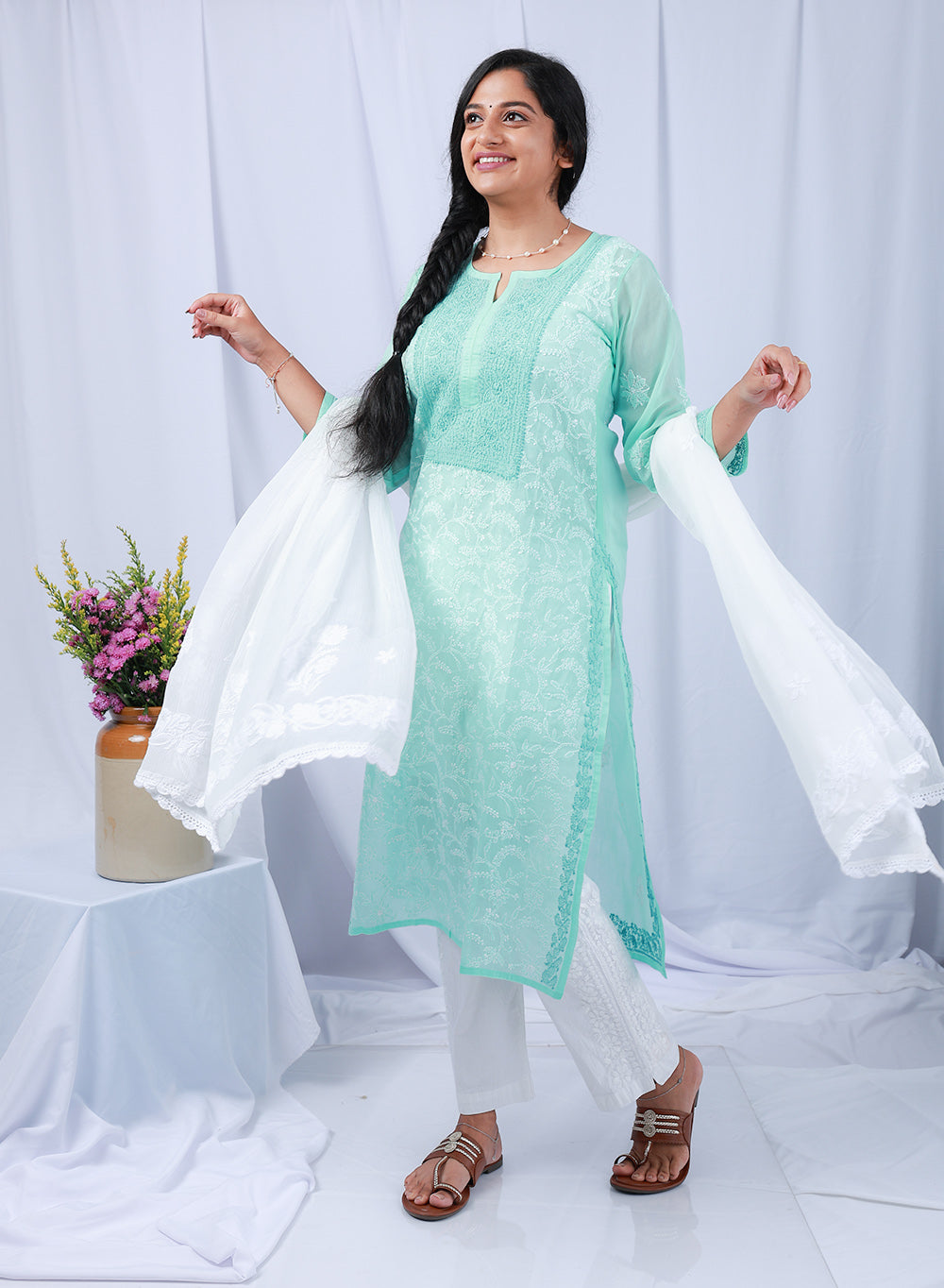 Mehak Sea Green - Cotton Terry Voile Bahaar Chikankari Kurta