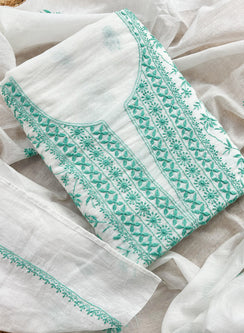 White & Turquoise - Nayaab Mul Chanderi Chikankari Kurta Fabric