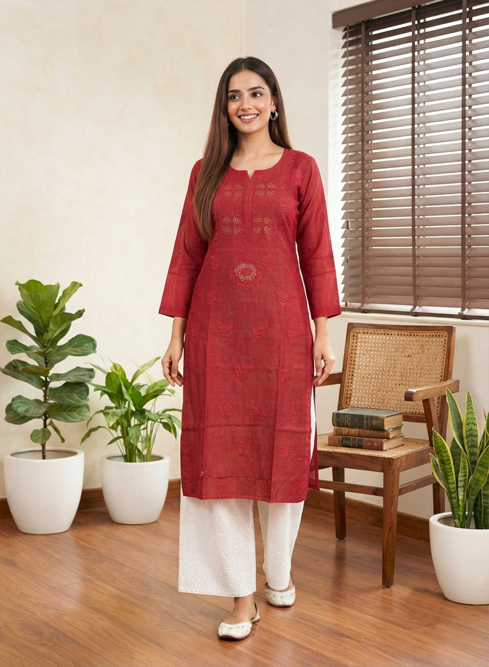 Swara Red - Anjuman Chanderi Cotton Chikankari Kurta