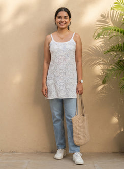 Noori White - Muslin Noodle Strap Gulshan Chikankari Short Top