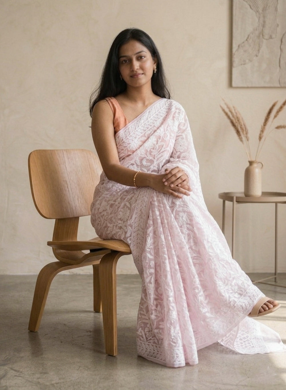 Powder Pink Full Jaal - Aks Georgette Chikankari Saree