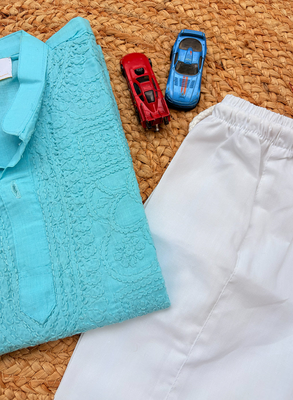 Sky Blue Front Jaal - Cotton Chikankari Kurta With Self Thread Work & Pajama