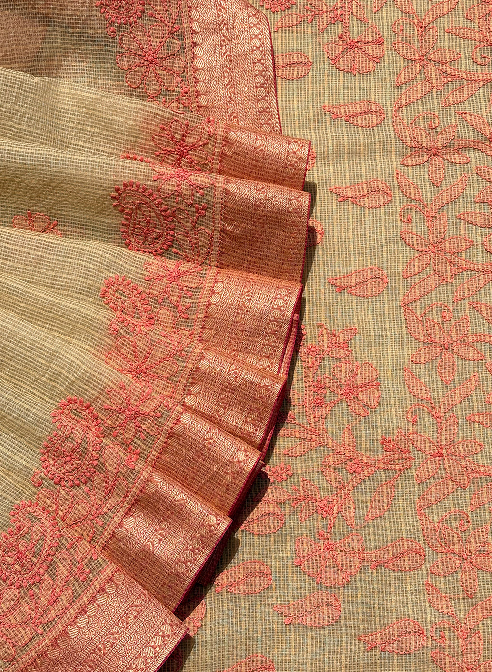 Pista Green With Pink Cotton Chanderi - Aks Hand Embroidered Chikankari Saree