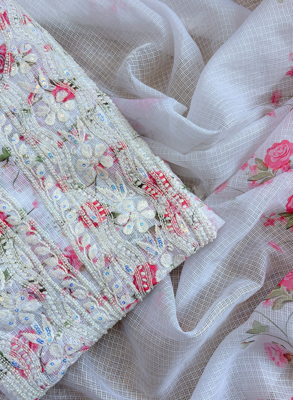 White & Pink - Nayaab Katdana Kota Printed Chikankari Full Dress Set