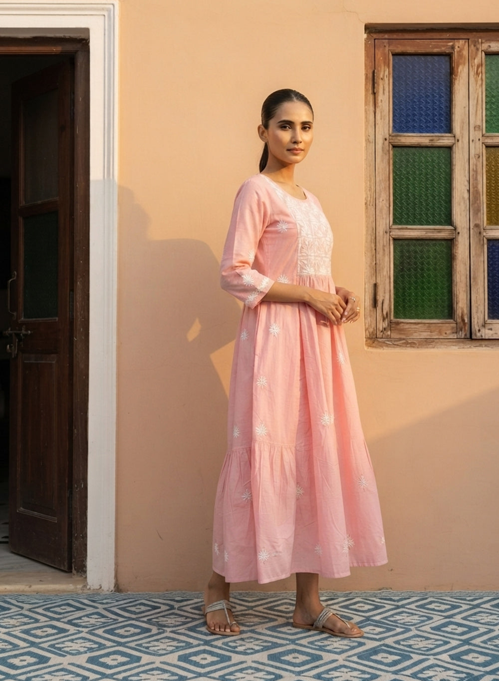 Peach Pink – Aarzoo Double-Layered Cotton Chanderi Chikankari Dress