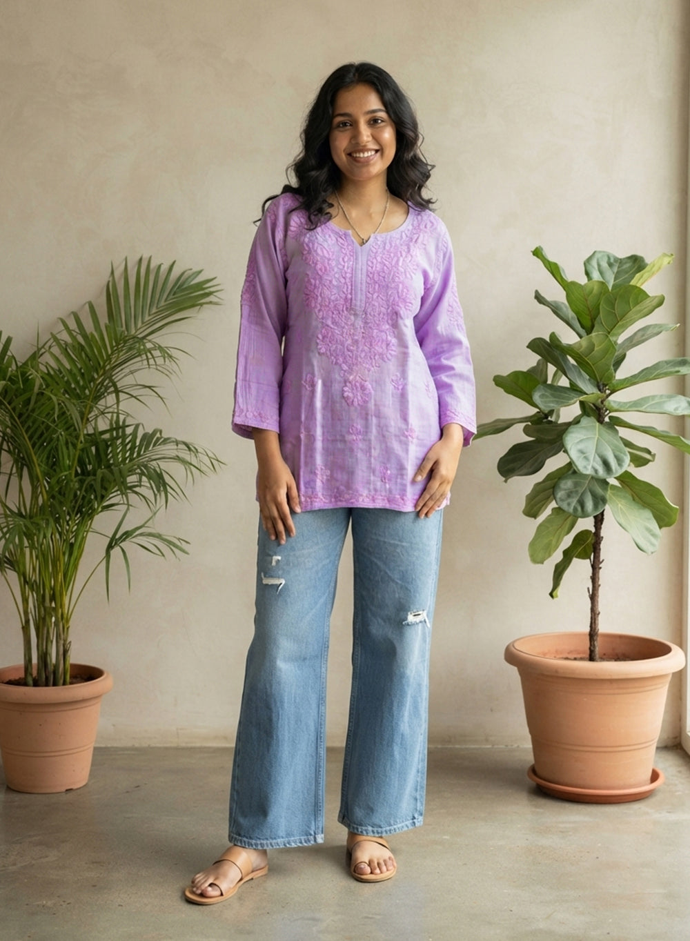 Lavender - Gulshan Linen Cotton Double Layered Chikankari Short Top