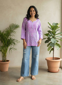 Lavender - Gulshan Linen Cotton Double Layered Chikankari Short Top