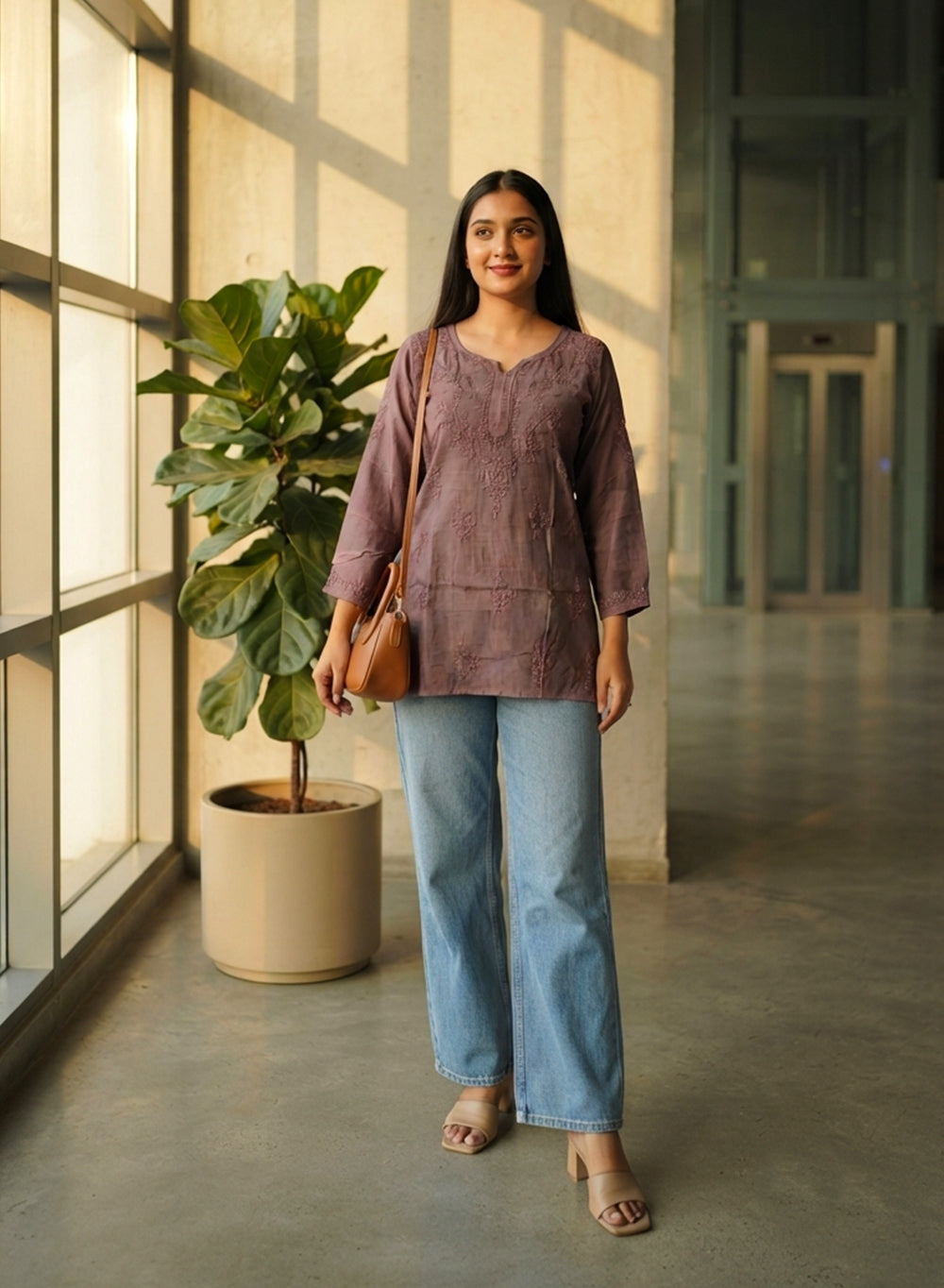 Alia Coffee - Gulshan Muslin Chikankari Short Top