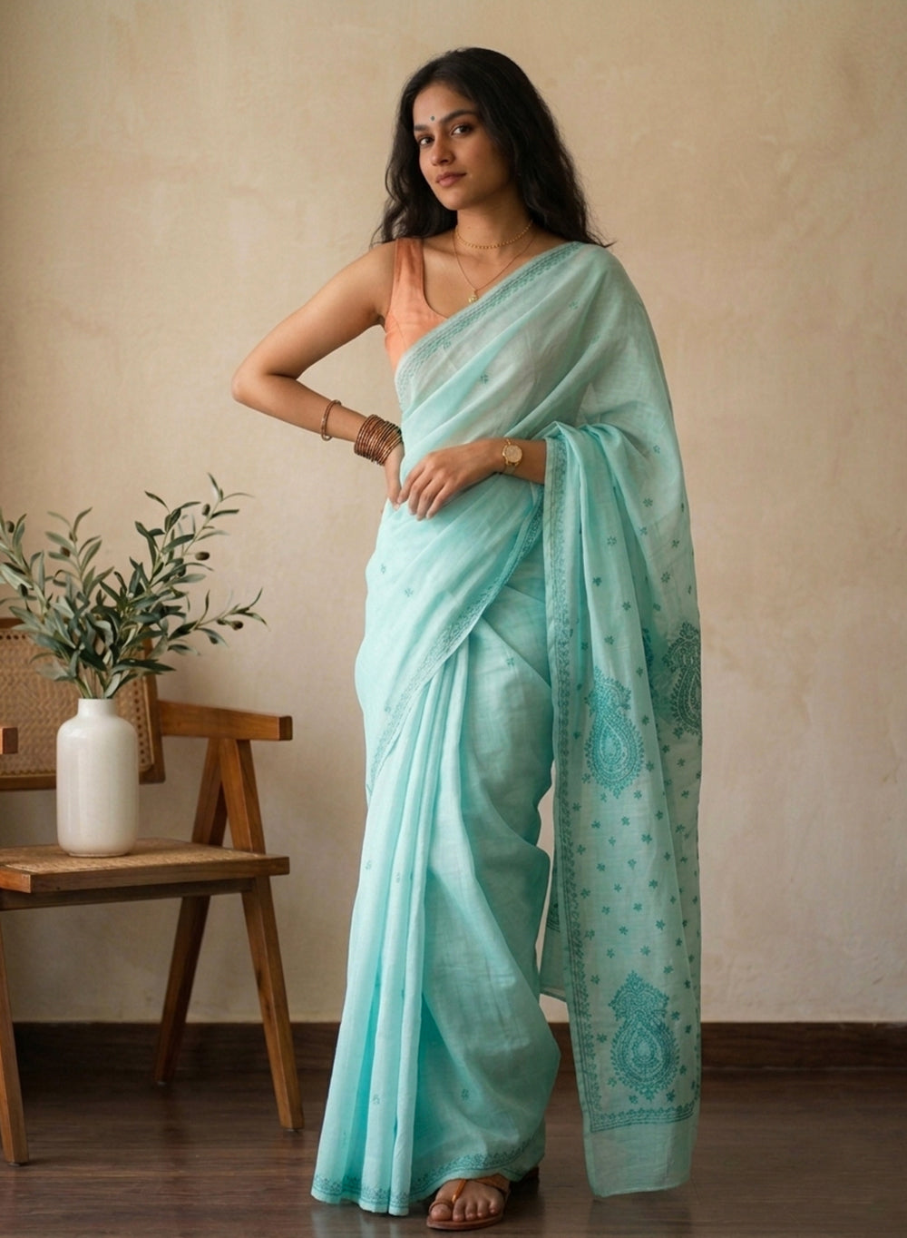 Sea Green - Aks Cotton Terry Voile Self Thread Embroidered Chikankari Saree