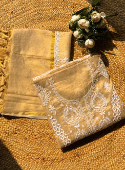 Golden - Nayaab Tissue Chanderi Semi-Stitched Panel Design Chikankari Kurta & Dupatta Fabric With Katdana Work