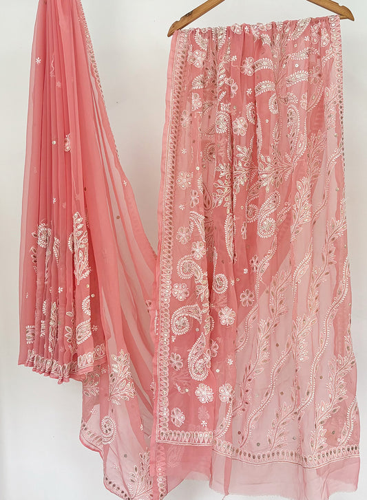 Peach Pink Gota Patti - Aks Georgette Saree