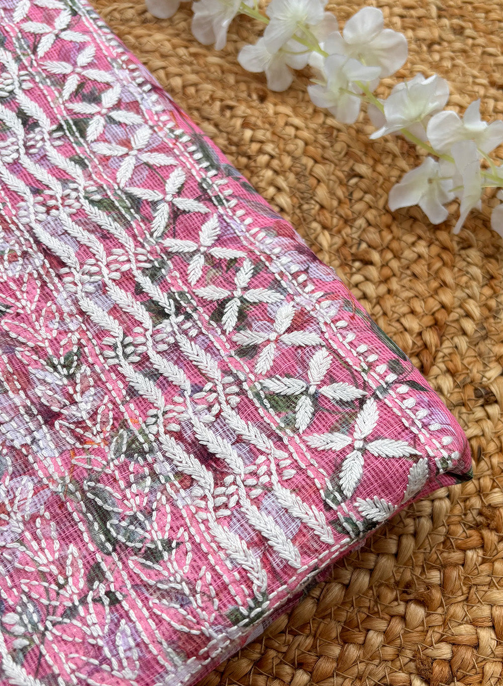 Pink - Nayaab Kota Printed Chikankari Kurta & Dupatta Set