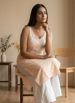 Surbhi Peach Printed Mul Cotton - Bahaar Noodle Strap Chikankari Kurta