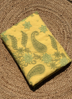 Yellow & Green Applique Work - Aks Cotton Terry Voile Chikankari Saree