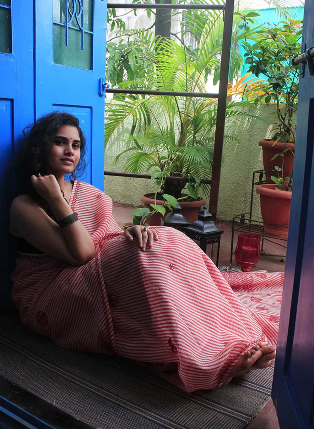 Dark Pink Lehariya - Kota Aks Cotton Chikankari Saree