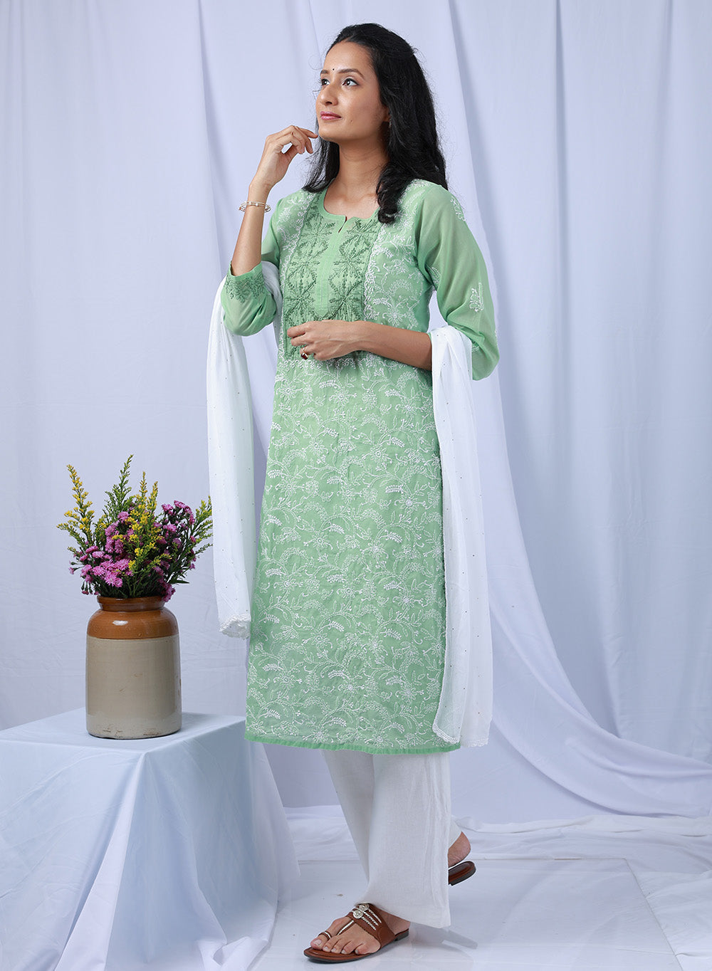 Mehak Olive Green - Cotton Terry Voile Bahaar Chikankari Kurta