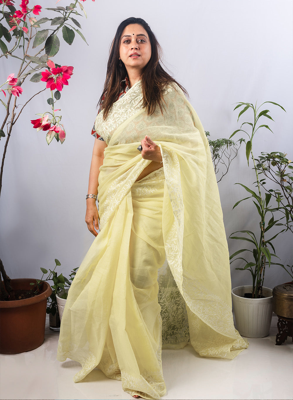 Aparajita Powder Yellow - Aks Kota Cotton Chikankari Saree