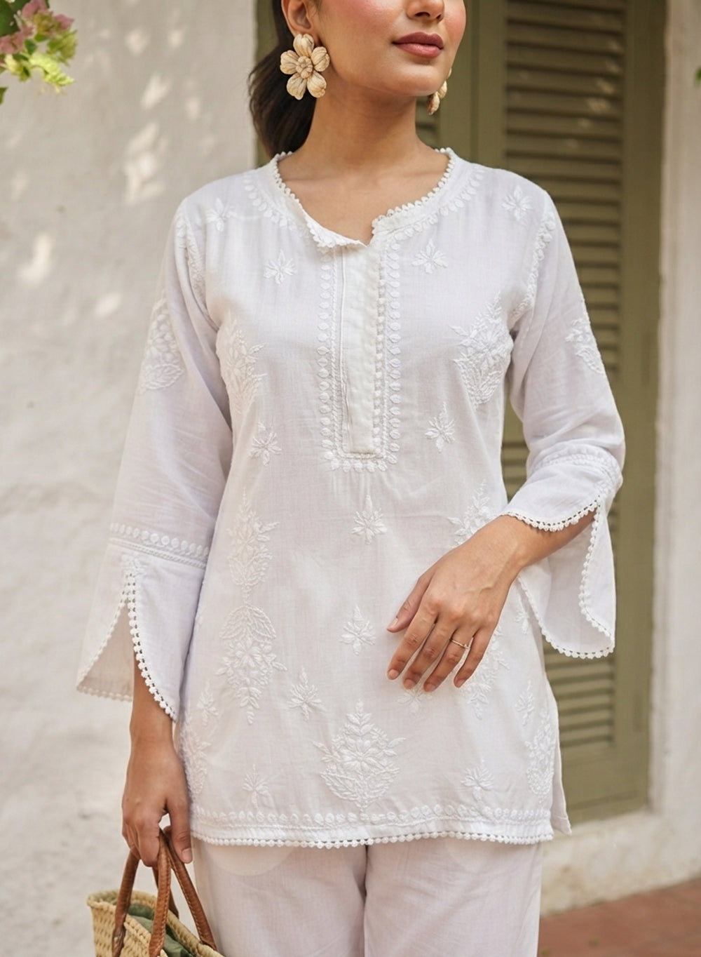 Rida White - Muslin Nargis Chikankari Co-ord Set With Lace