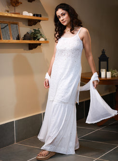 Kanak White - Nargis Viscose Noodle Strap Chikankari Kurta & Gharara Set