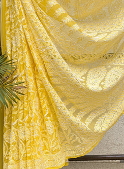 Yellow Full Jaal - Aks Georgette  Chikankari Saree