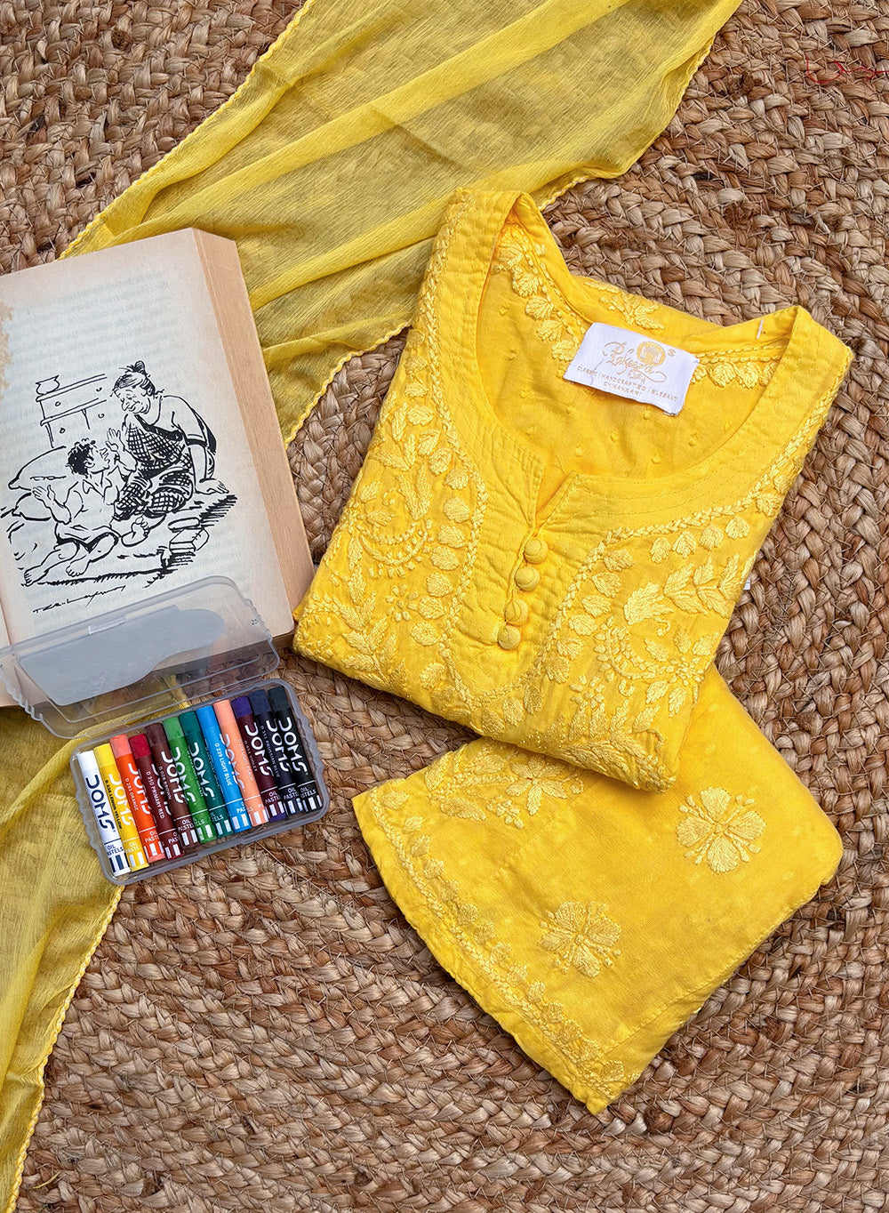 Pihu Yellow - Dobby Cotton Chikankari Kidswear Set