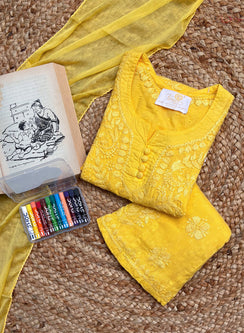 Pihu Yellow - Dobby Cotton Chikankari Kidswear Set