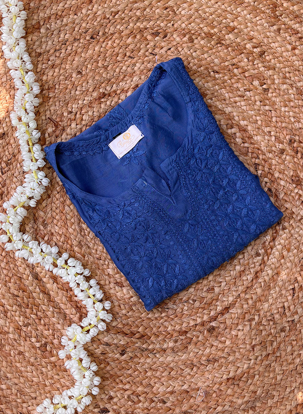 Dark Blue - Muslin Gulshan Chikankari Short Top